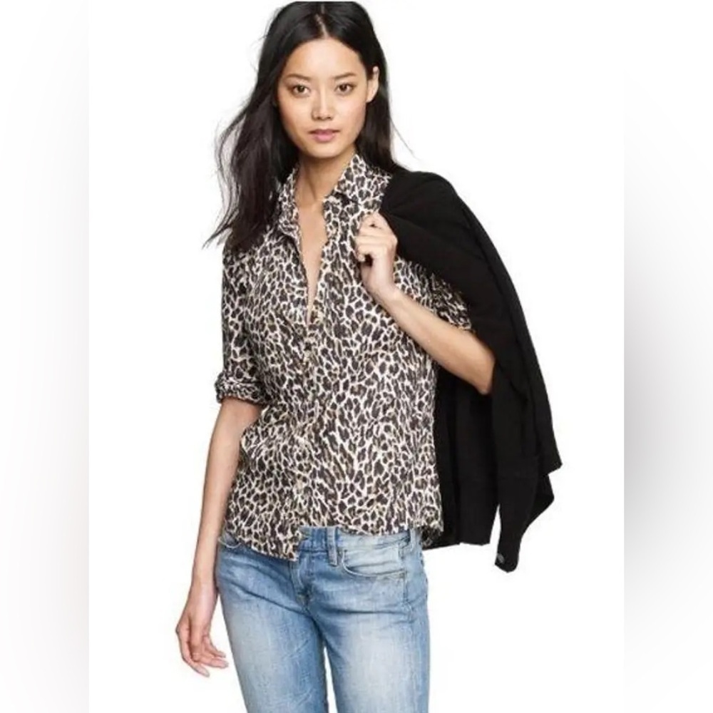 J. Crew The Perfect Shirt Linen Leopard Cheetah Animal Print Button Down size 4